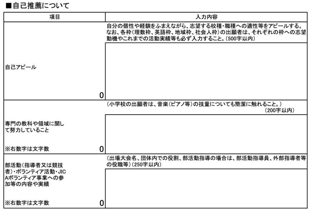 岡山県教員採用試験 願書（自己推薦書）