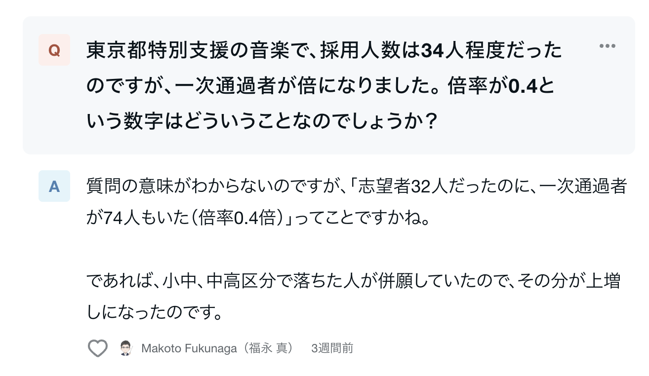 教員採用試験の倍率の読み方についての質問と回答